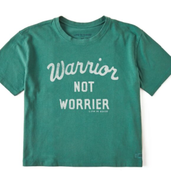 NWT – Women’s Life Is Good Warrior Not Worrier Script Crusher Boxy Tee (XS) - Picture 1 of 2